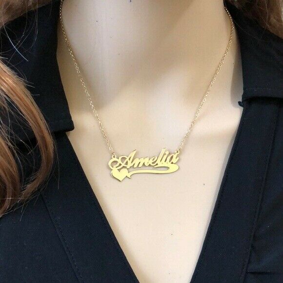 Personalized Gold over Sterling Silver Name Plate Heart Necklace - Amelia 18”