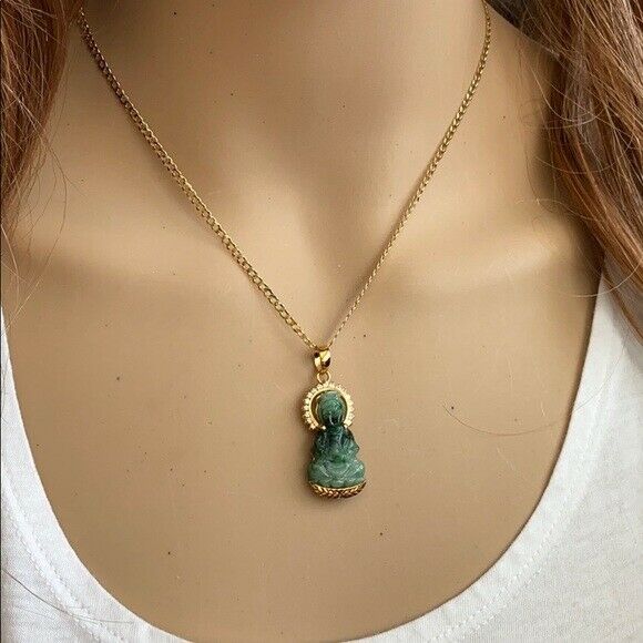 14K Real Gold Natural Jadeite Jade Guanyin Kwan Yin Female Buddha Pendant