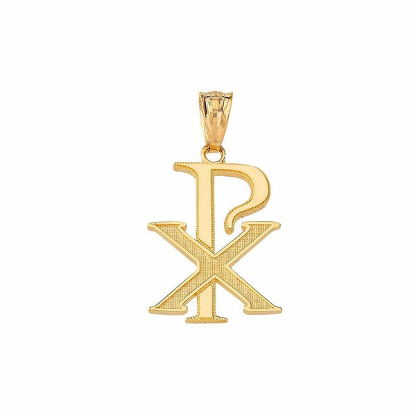 14K Solid Yellow Gold Chi-Rho Symbol Christogram Roman Pendant Necklace