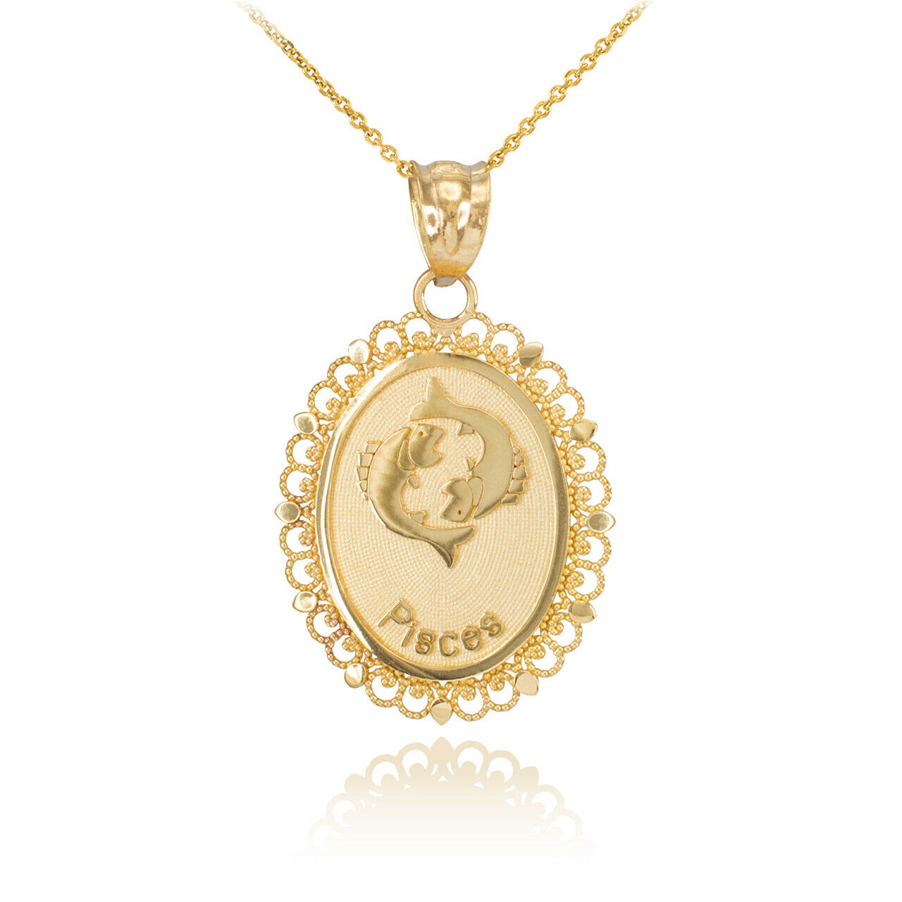 10k Solid Gold Pisces Zodiac Sign Filigree Oval Pendant Necklace