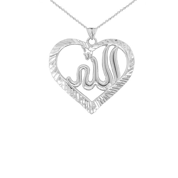 10K Solid Gold Sparkle-cut Allah Open Heart Pendant Necklace