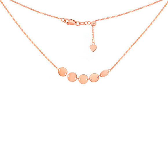14K Solid Rose Gold 5 Dangle Mini Disc Disk Choker Necklace Adjustable 16"