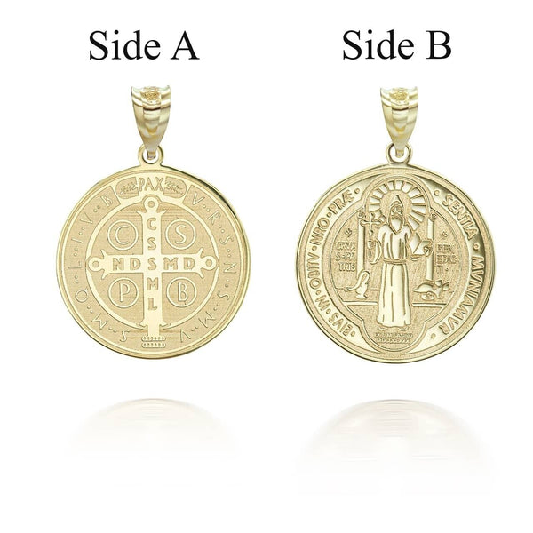 14K Solid Gold Saint Benito Prayer Double 2 sided Pendant Necklace