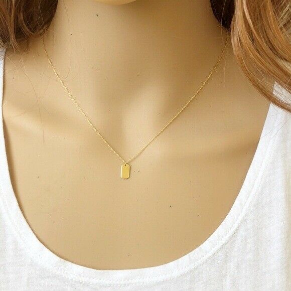 14K Solid Gold Mini Dog Tag Dainty Necklace - Minimalist Yellow 16"-18" Adjust