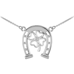 925 Sterling Silver Lucky Horseshoe with CZ 4-Leaf Clover Necklace - Made in USA