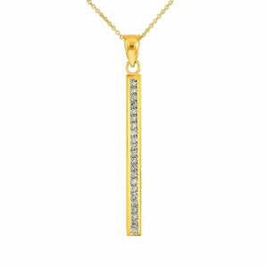 Solid 14k Yellow Gold Vertical Diamond Bar Necklace