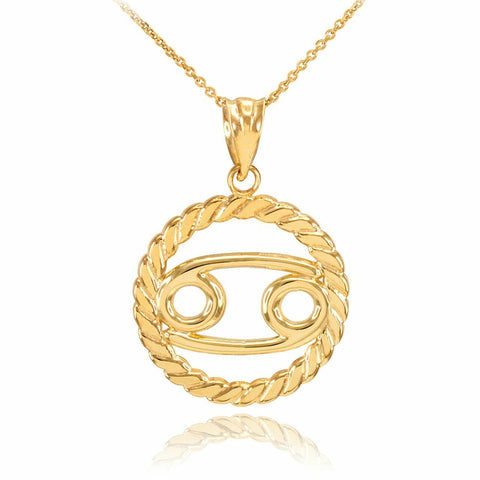 10K Solid Gold Cancer Zodiac Sign Circle Rope Pendant Necklace 16" 18" 20" 22"