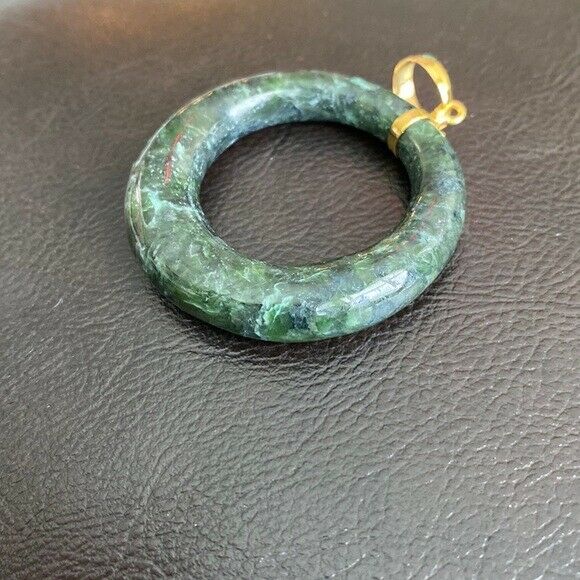 14K Solid Gold Green Large Round Natural Jade Pendant Necklace