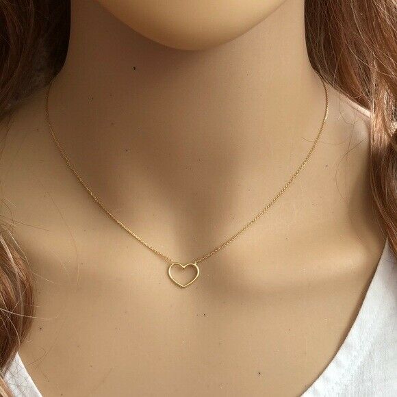 14K Solid White Gold Open Heart Cut Out Necklace - Minimalist  Adjustable
