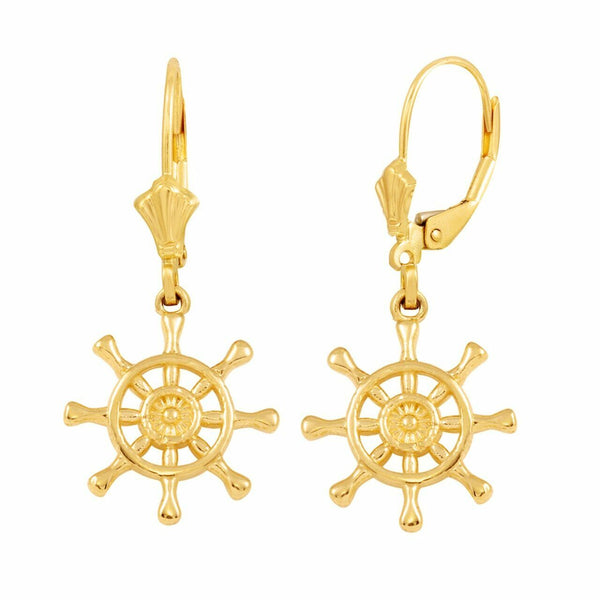 14k Solid Yellow Gold Nautical Ship Wheel  Earring Set