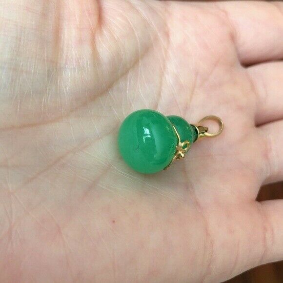 14K Solid Gold Green Jade Gourd Bottle Pendant / Charm Adjustable Necklace