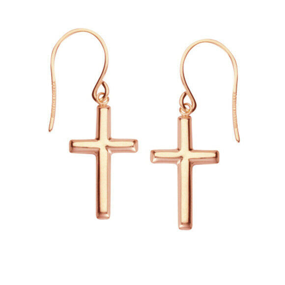 925 Sterling Silver Dangle Cross Euro Wire Earrings -Yellow / Rose Gold Plated