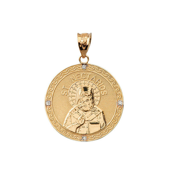 14k Gold Orthodox Saint Nectarios of Aegina Diamond Medallion Pendant Necklace