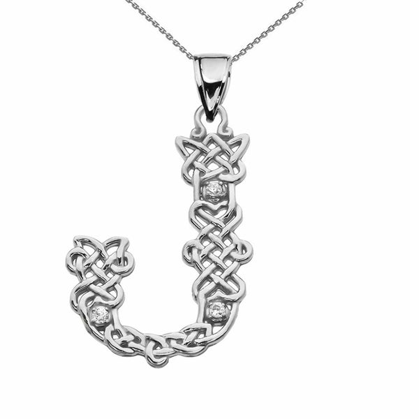 Sterling Silver CZ Celtic Knot Pattern Initial Letter J Pendant Charm Necklace