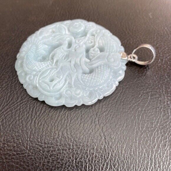925 Sterling Silver Carving Jade Dragon Large Pendant Necklace