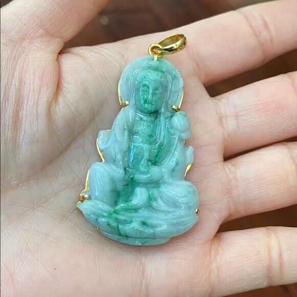 14K Solid Real Yellow Gold Natural Jadeite Jade Kwan Yin Lady Buddha Pendant 702