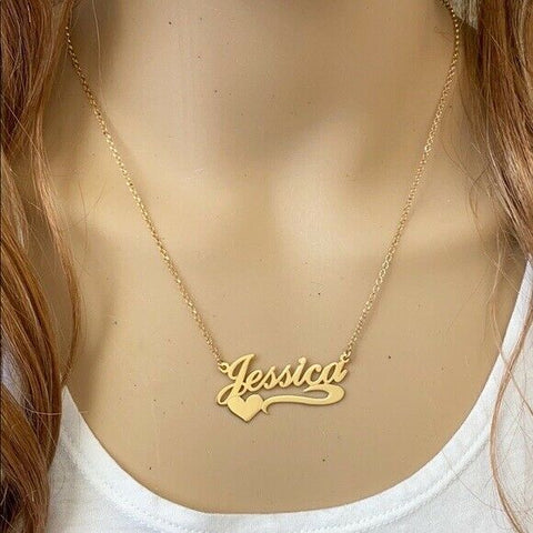 Personalized Gold over Sterling Silver Name Plate Heart Necklace - Jessica
