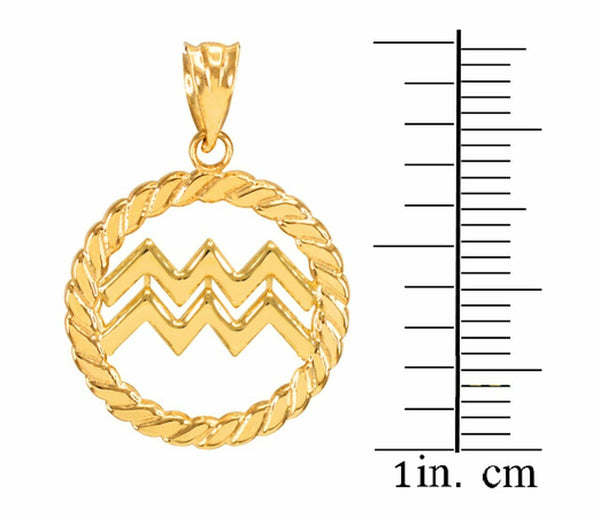 10K Solid Gold Aquarius Zodiac Sign Circle Rope Pendant Necklace