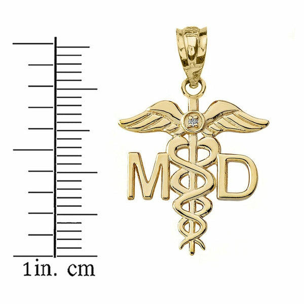 Solid 14k Yellow Gold Diamond MD Medical Doctor Wings Pendant Necklace