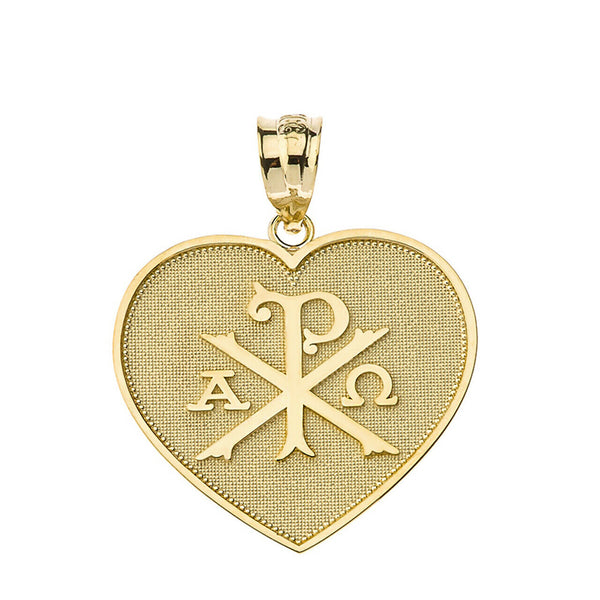 14K Solid Yellow Gold Ancient Christian Chi Rho Px Heart Pendant Necklace