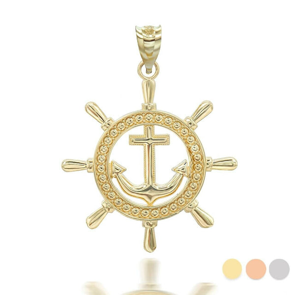 10K Solid Gold Ship's Wheel Anchor Nautical Pendant Necklace