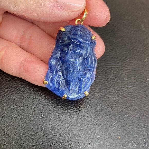 14K Real Solid Gold Carving Jesus Sodalite Christ Head Pendant Charm