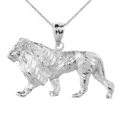 .925 Sterling Silver Diamond Cut Lion Pendant Necklace