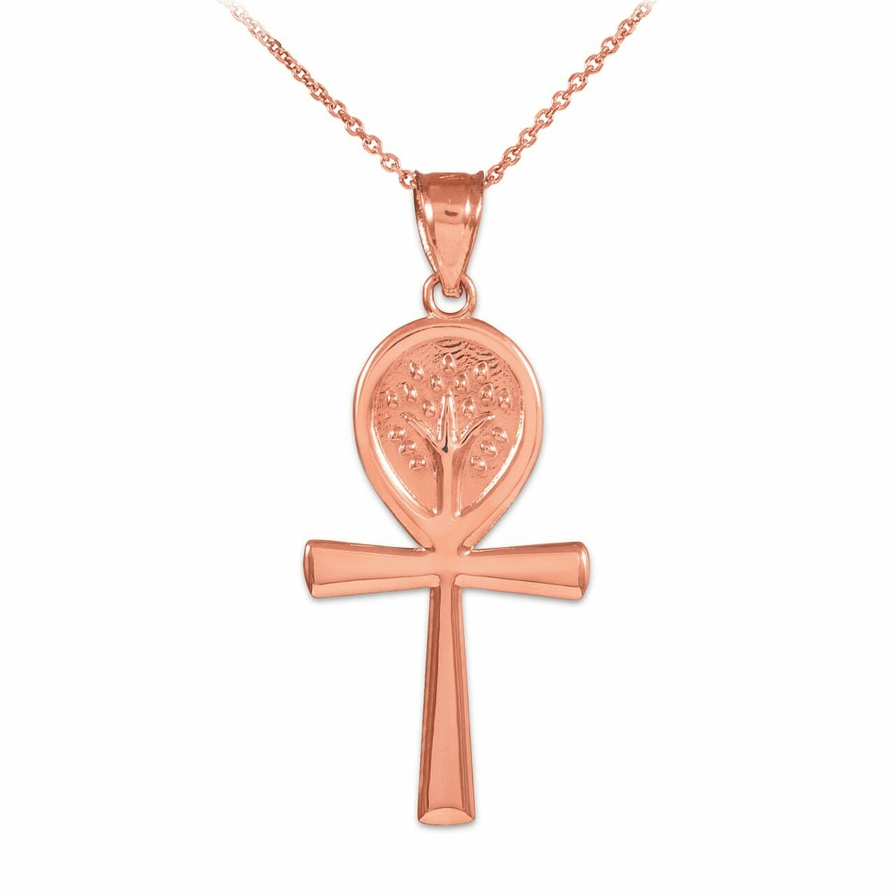 14K Real Rose Gold Ankh Cross Tree of Life Pendant Necklace