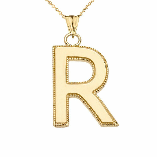 10k Solid Gold Small Milgrain Initial Letter R Pendant Necklace Personalized