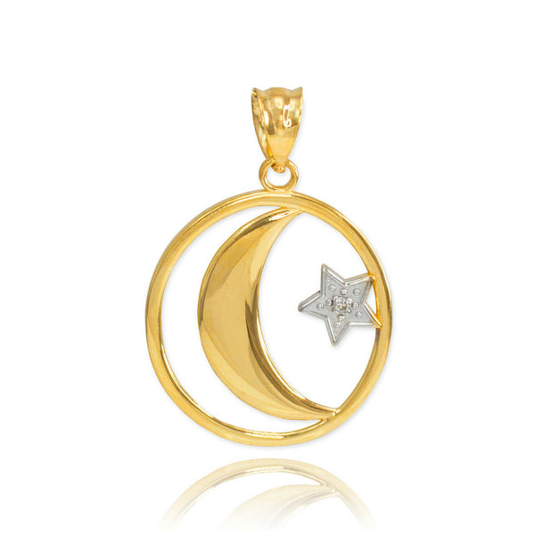 14k Solid Gold Diamond Crescent Moon and Star Islamic Pendant Necklace