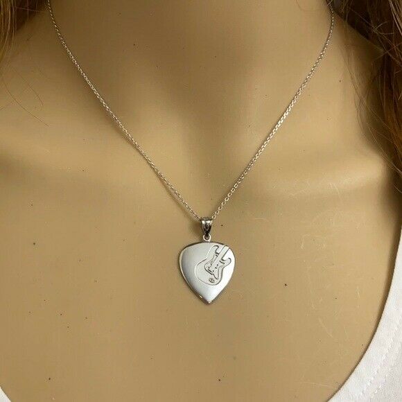 925 Sterling Silver Guitar Pick with Engraved Electric Guitar Pendant Necklace