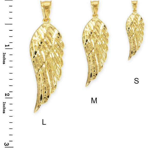 10k Solid Yellow Gold Large Angel Wing Pendant Necklace