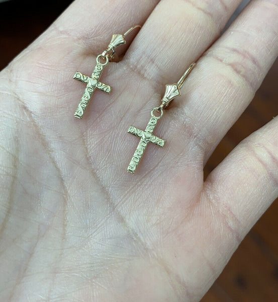 10k Yellow Gold Swirl Twirl Design Heart Cross Drop / Dangle Leverback Earrings