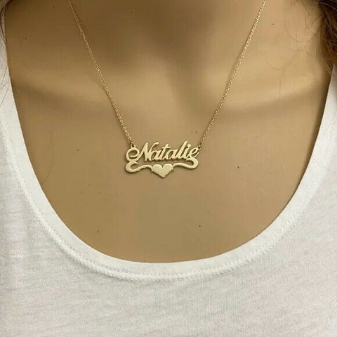 Personalized Gold over Sterling Silver Name Plate Heart Necklace - Natalie
