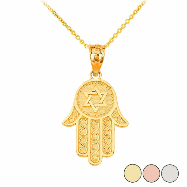 10k or 14k Solid Gold Star Of David Hamsa Hand Textured Pendant Necklace