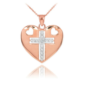 Solid 14k Rose Gold Heart Cross Diamond Pendant Necklace