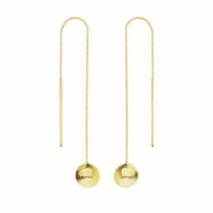 14K Solid Yellow Gold 6.5mm Flat Bead Box Chain Dangle Drop Threader Earrings