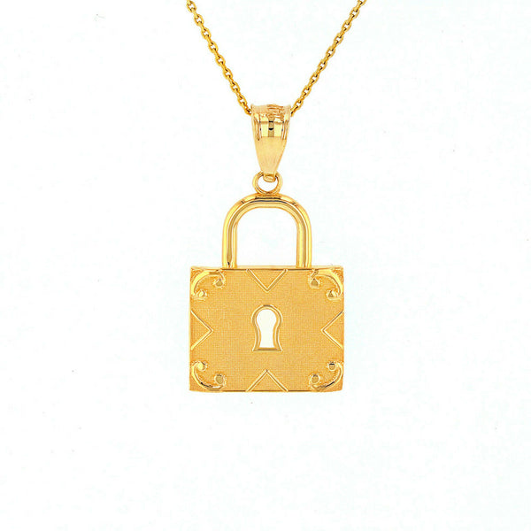 14K Solid Gold Swirl Rectangle Keyhole Padlock Pendant Necklace