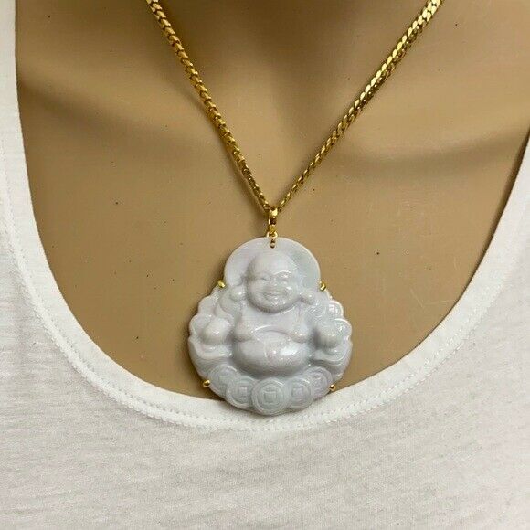 14K Solid Gold Natural Jadeite White Jade Happy Laughing Buddha Pendant Large