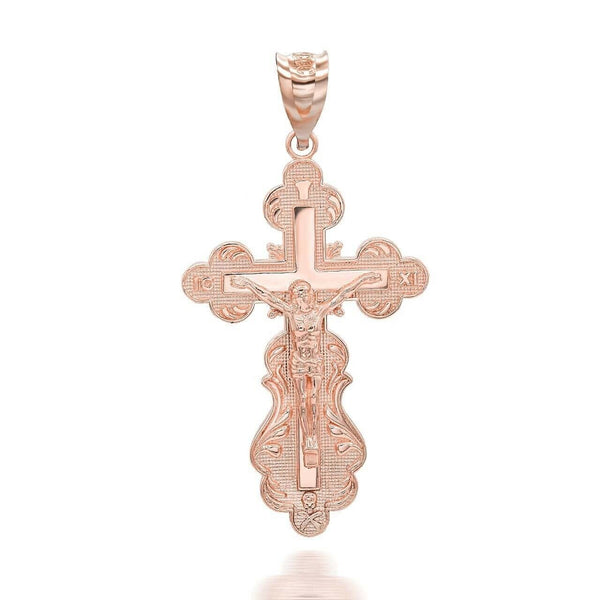10K Solid Gold Orthodox Crucifix Pendant Necklace - Yellow, Rose, or White Gold