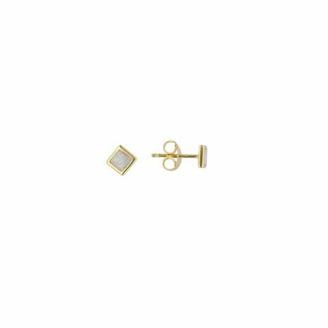 14K Solid Yellow Gold Pearl Enamel Mini Stud Diamond Shape Earrings -Minimalist