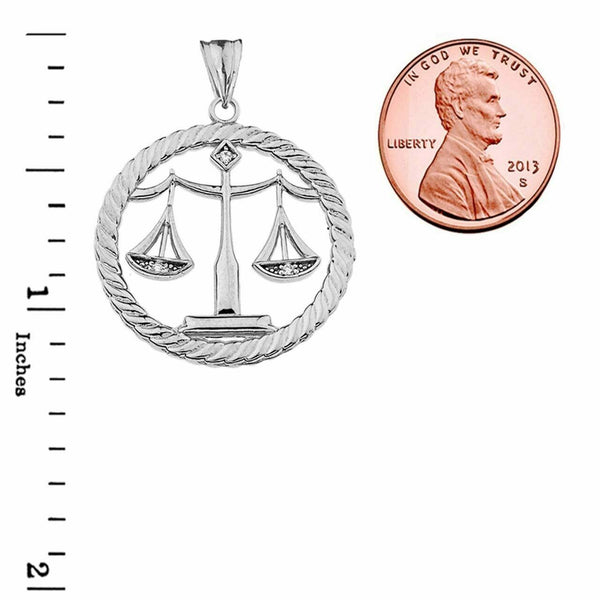 Solid 14k White Gold Diamond Scales of Justice Rope Pendant Necklace