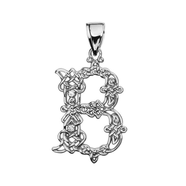 Sterling Silver CZ Celtic Knot Pattern Initial Letter B Pendant Charm Necklace