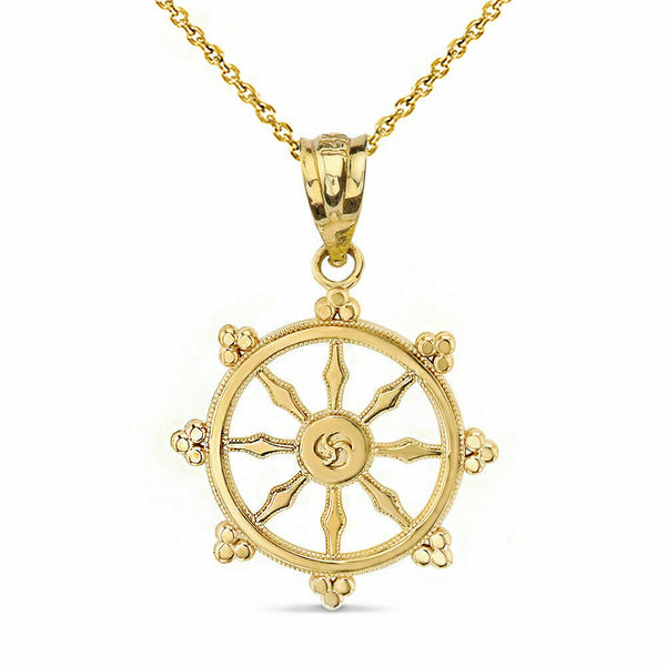 10k Solidl Yellow Gold Buddhism Dharmachakra Dharma Wheel Pendant Necklace
