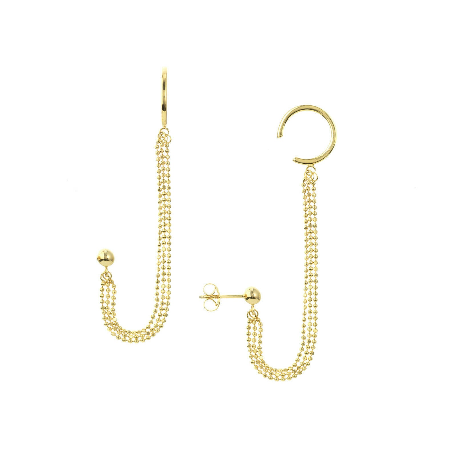 14K Solid Yellow Gold Triple Strand Earrings with Ear Cuff -