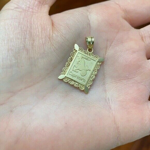 14k Solid Gold Capricorn Zodiac Sign Filigree Rectangular Pendant Necklace