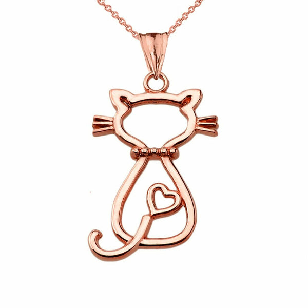 Solid 10k Rose Gold Openwork Backwards Cat Pendant Necklace