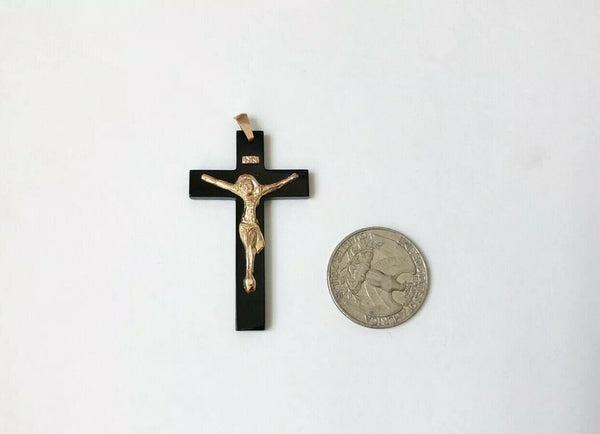 14K Yellow Gold Jesus Crucifix Black Cross Religious Pendant - PP3