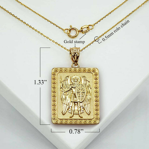 10K Soliid Gold Saint St. Michael Archangel 3D Pendant Necklace