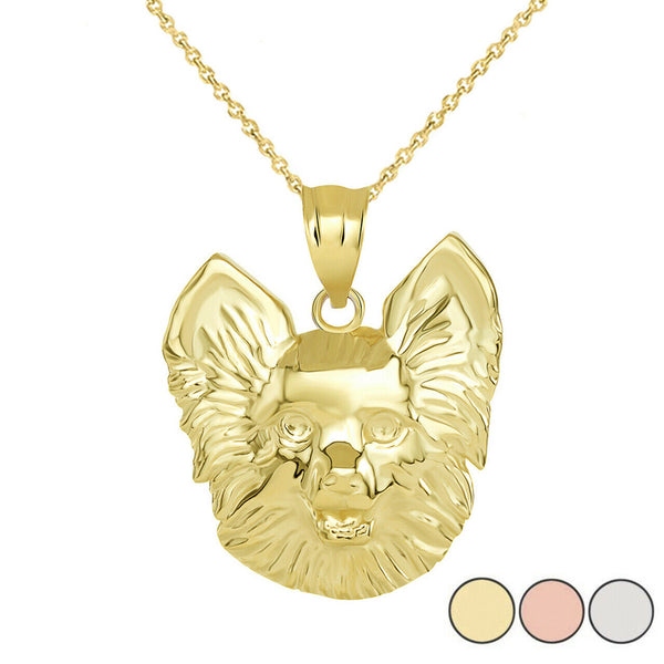 Solid Gold Dog Pomeranian Head Detailed Dog Sports Pendant Necklace